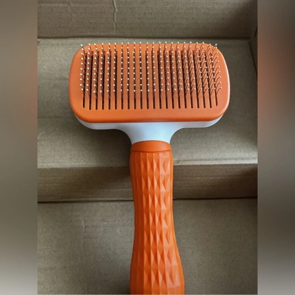 Self Cleaning Pet Grooming Slicker Brush Dog Cat Hair Remover Orange New Unused